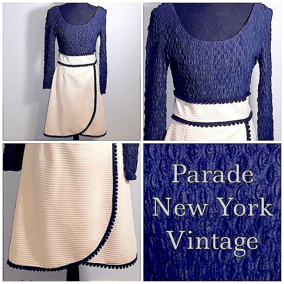 VINTAGE 70s Ivory Navy pucker top Dress PARADE OF NEW YORK label SZ 10 - Picture 3 of 12